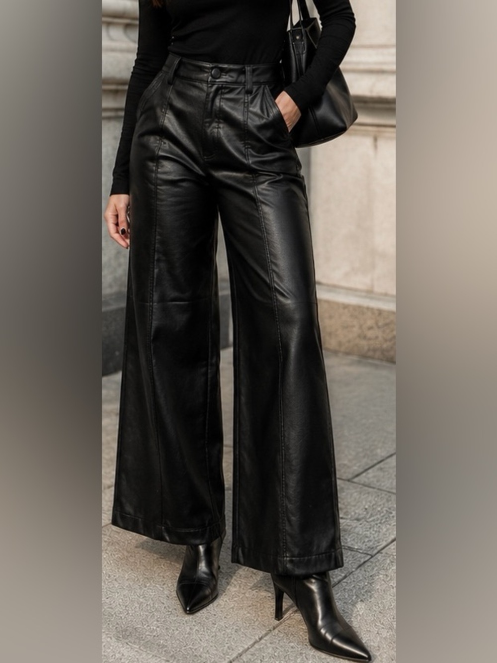 BBJ Leatherette Chic Black Faux Leather Wide Leg Edgy Pants Women’s Medium Y2K